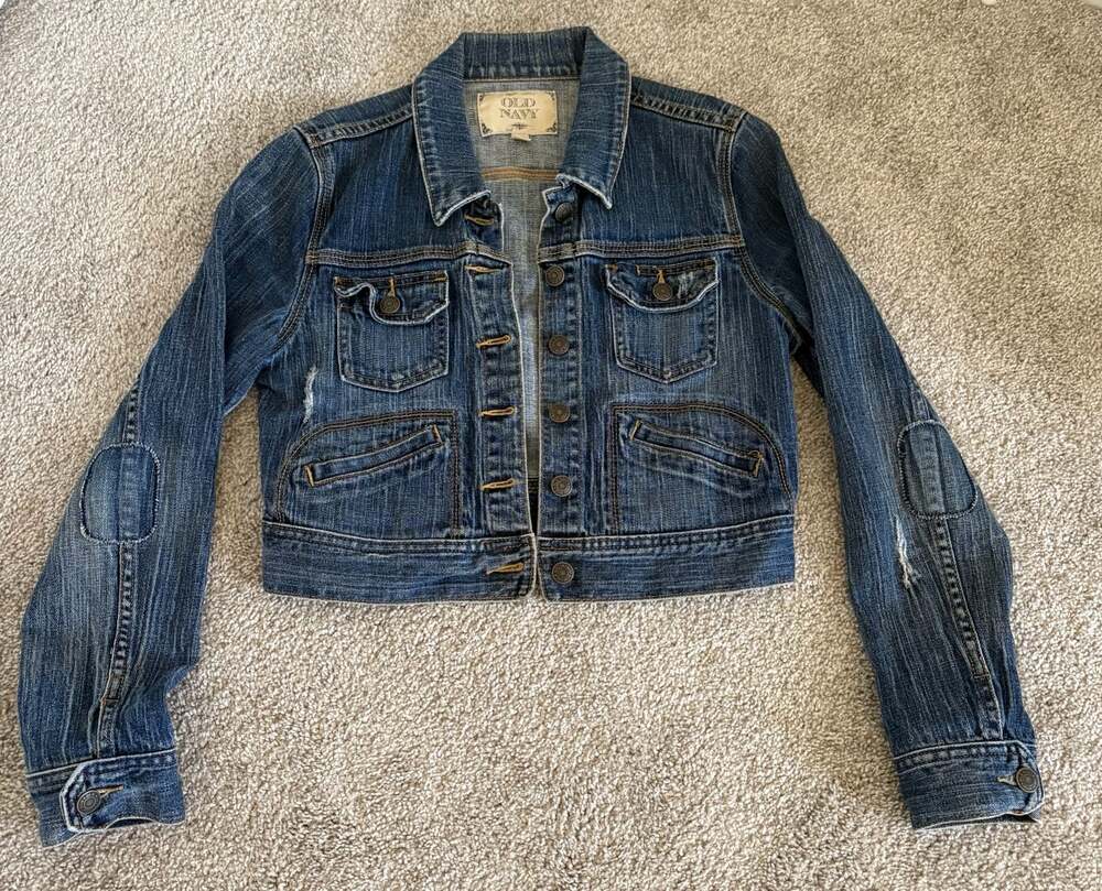 Petite Old Navy Distressed Cropped Denim Jacket with Elbow Patches.